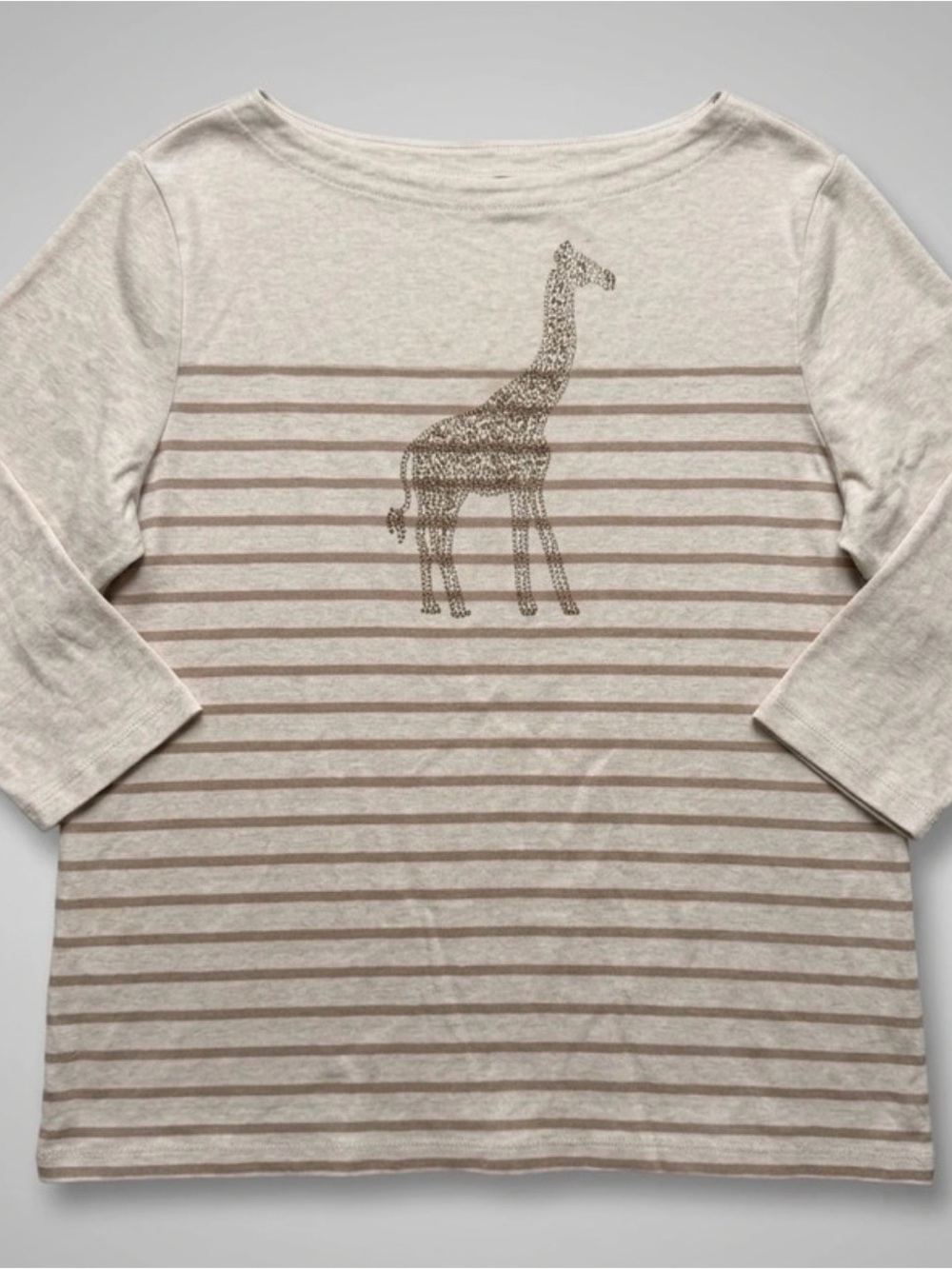 Karen Scott Woman 2X 100% Cotton Giraffe Rhinestone Striped Top Beige